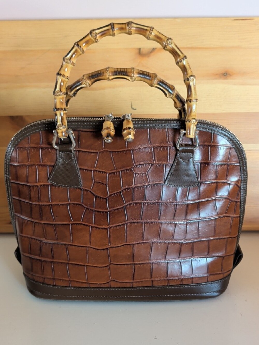 Dooney & Bourke Brown Croc-Embossed Satchel with Bamboo Handles.๐ - Picture 3 of 16